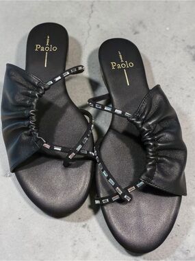 Paolo Black Ruched Slide Sandals with Crystal Straps